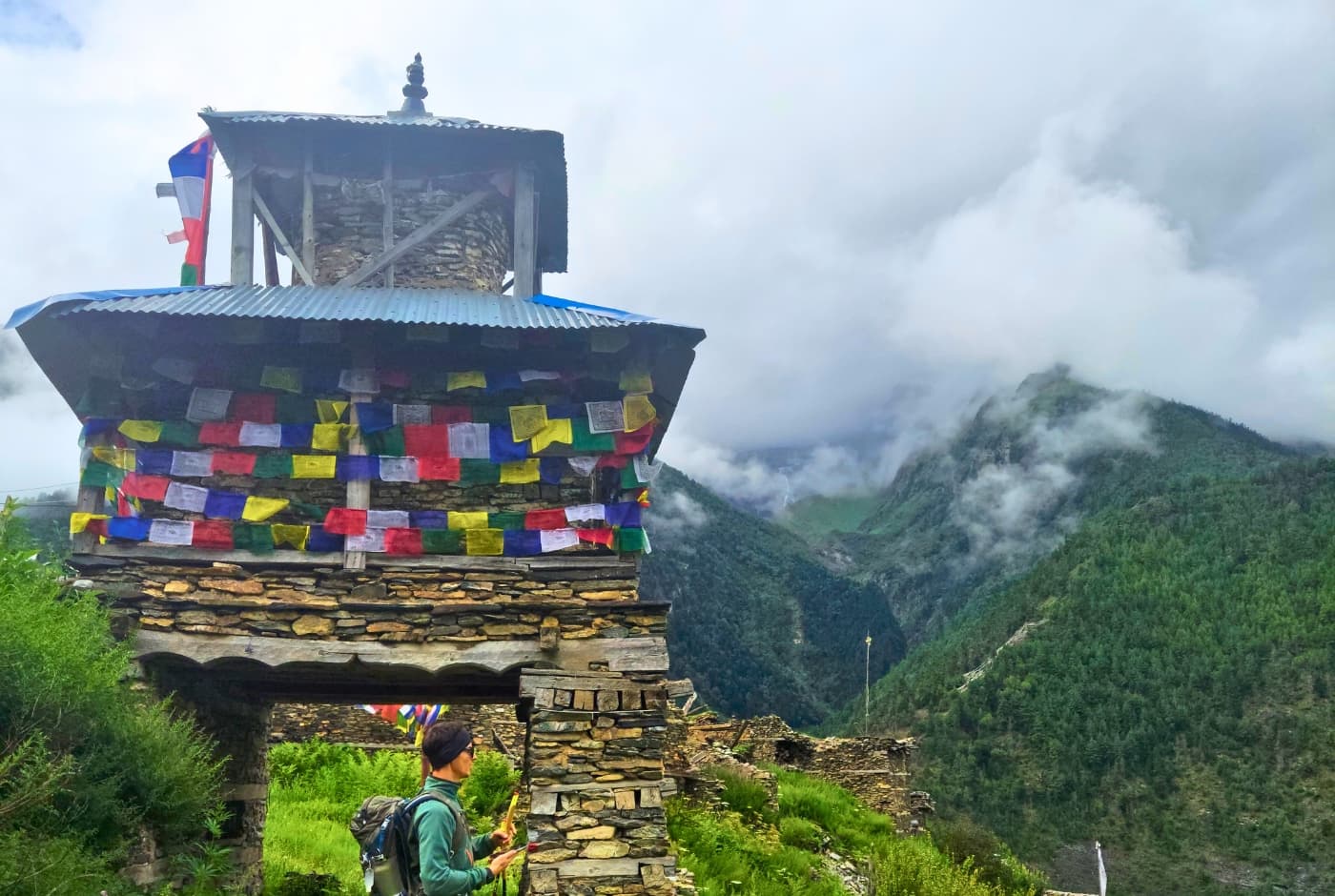 Stone chorten adorned with prayer flags on the Annapurna Circuit trails