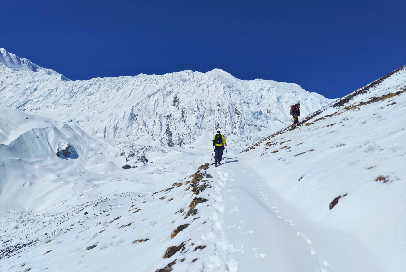 Hikers on a snow Covered path of Circuit trek