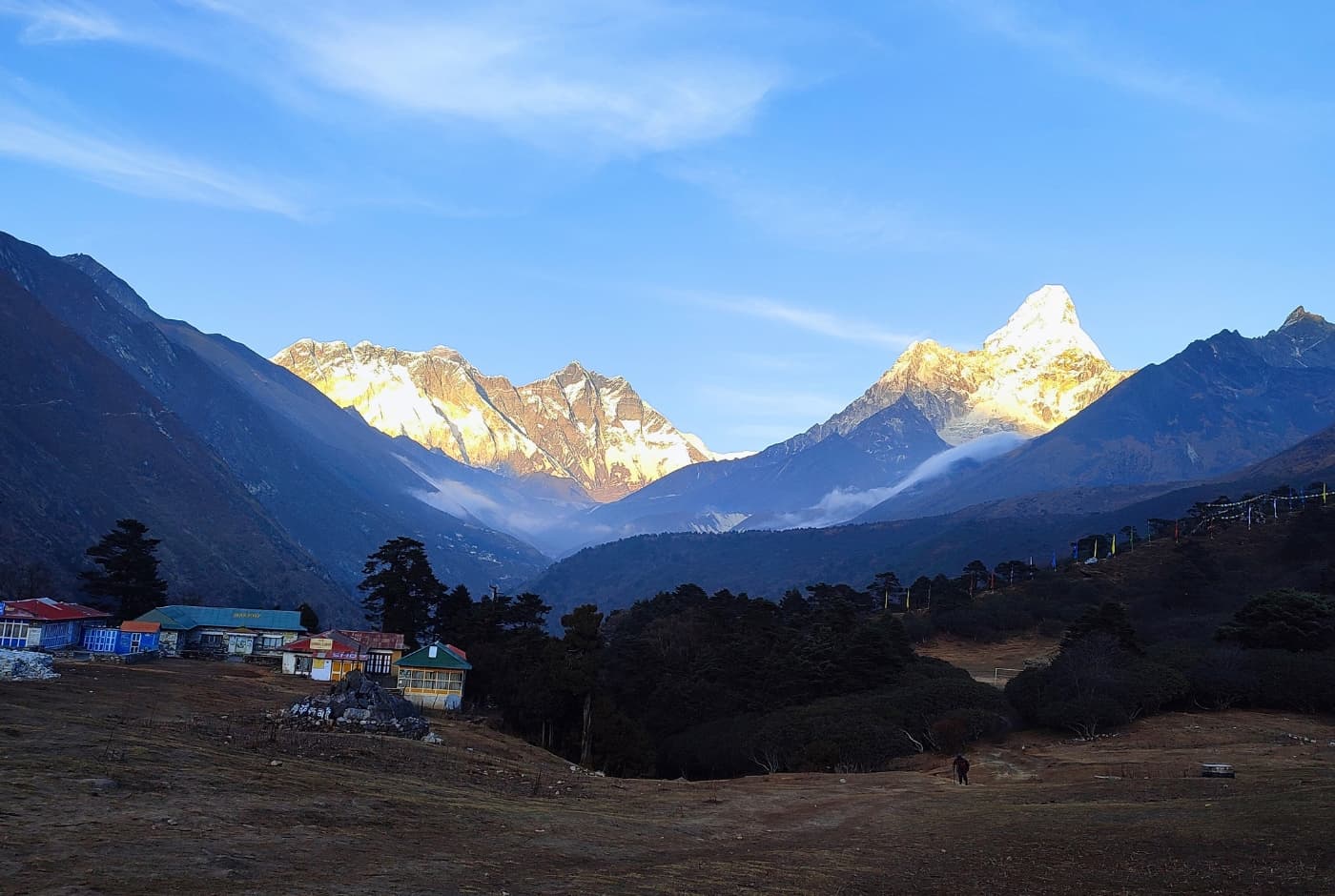 Stunning views of everest lodges with Moutains as background