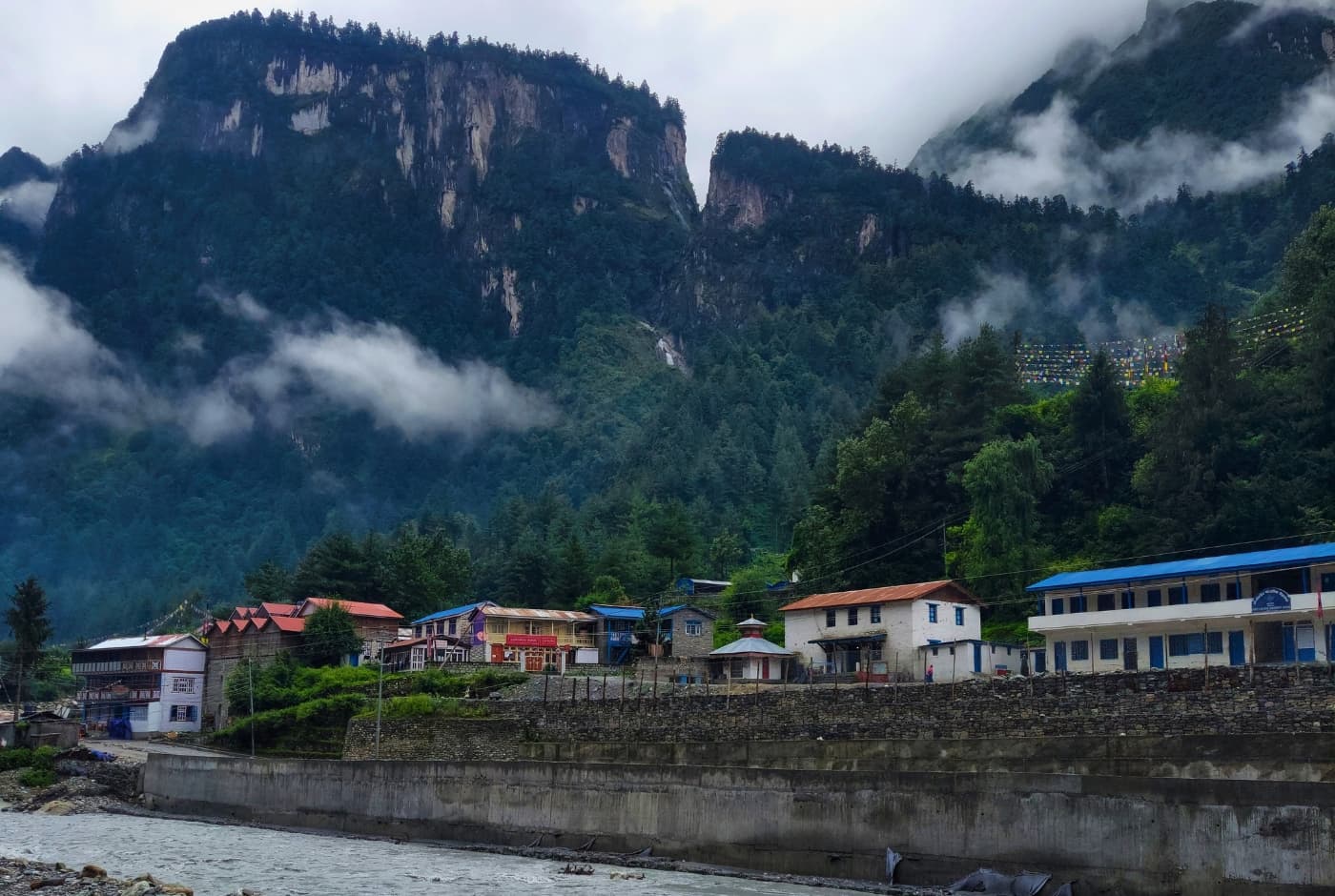 Chame Village settled among mountains on the Annapurna Circuit