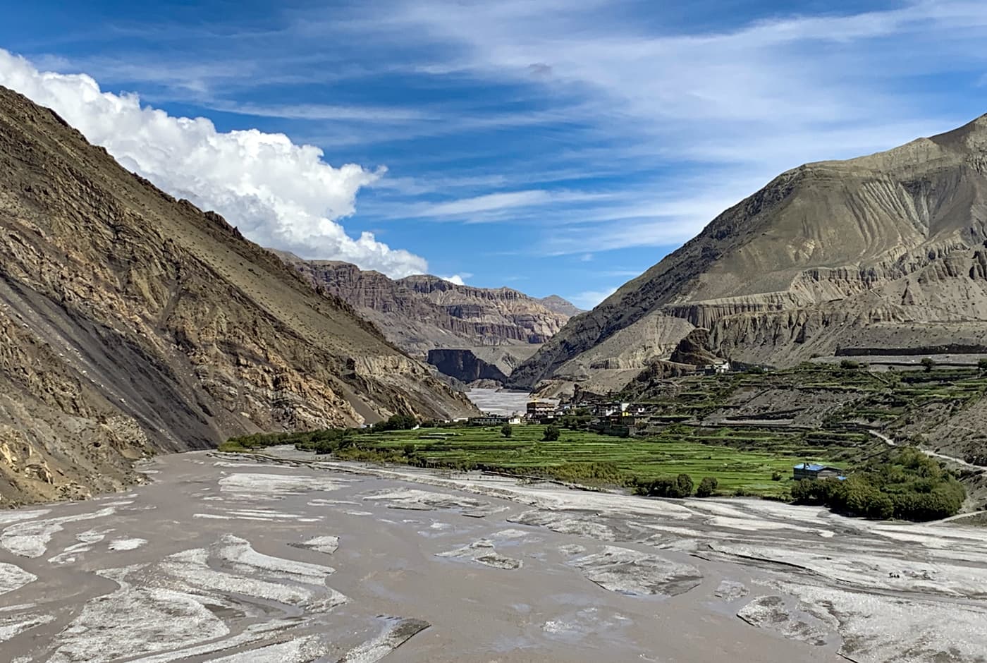 A wide riverbed with silty water flowing through a valley in Mustang