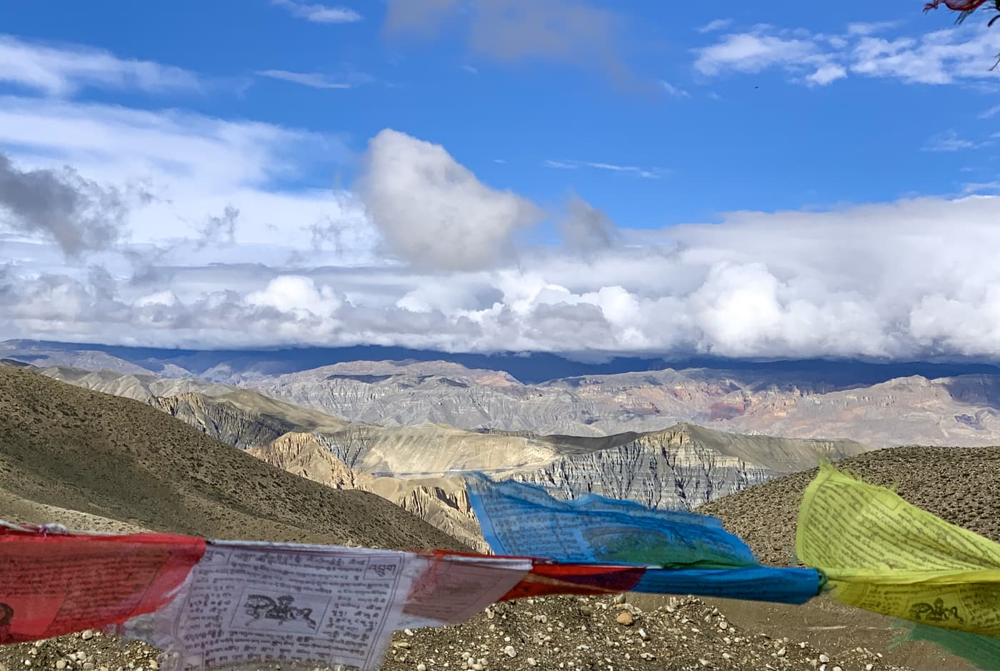 Upper Mustang landscape with prayer flags