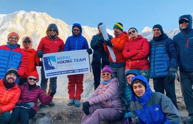 Annapurna Base Camp Trek: Nepal Hiking Team group at height of 4130m