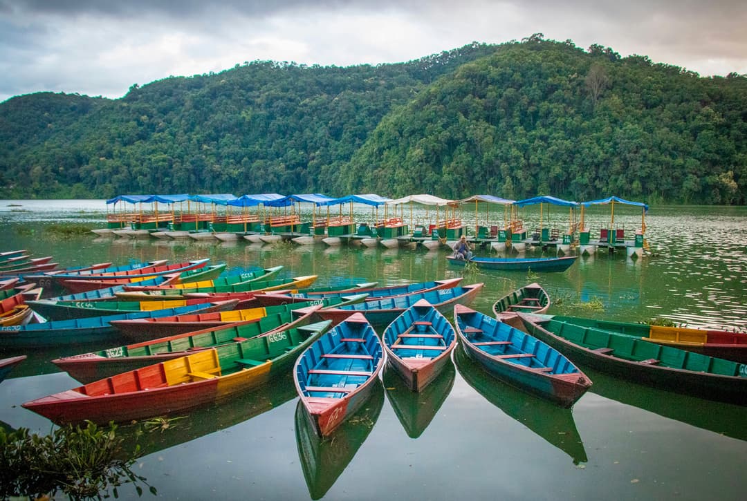 Colorful Traditional Wooden Boats Moored On The Shore Of Phewa Lake In Pokhara, Nepal