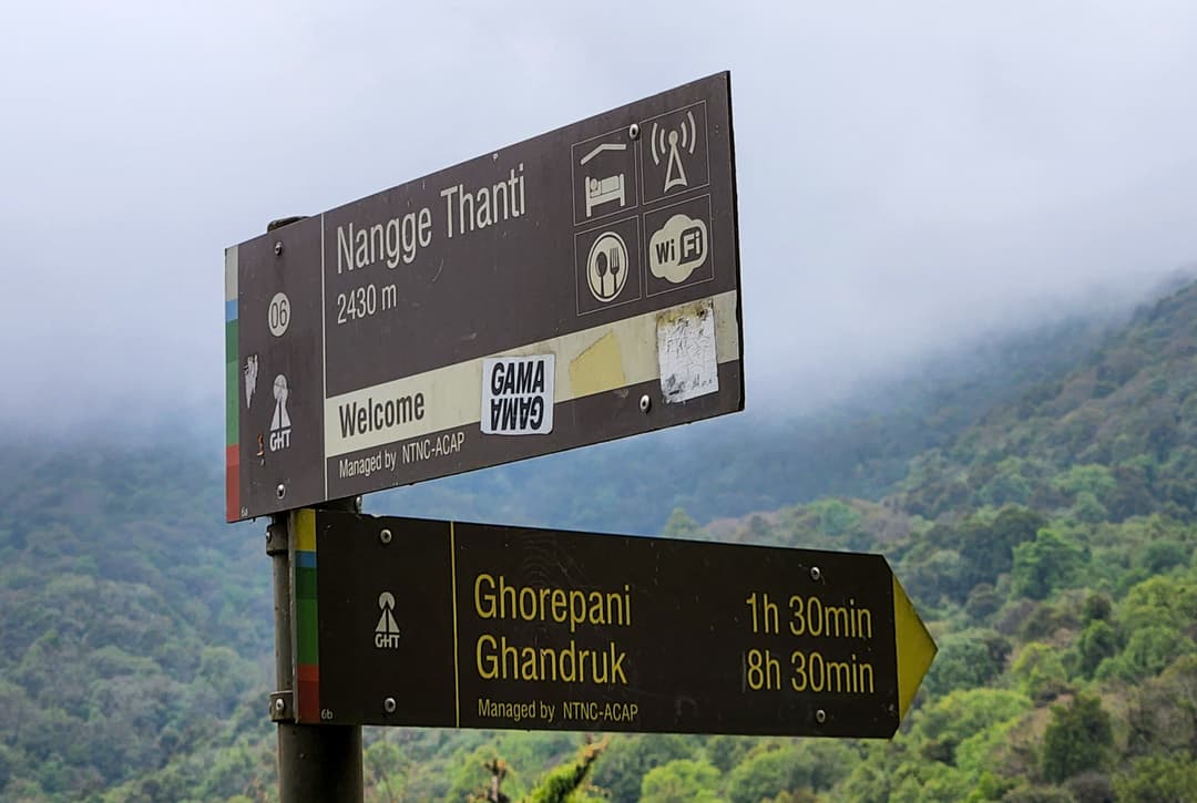 Trail Signboard At Nangethanti Showing Directions To Ghorepani And Ghandruk In Annapurna Conservation Area