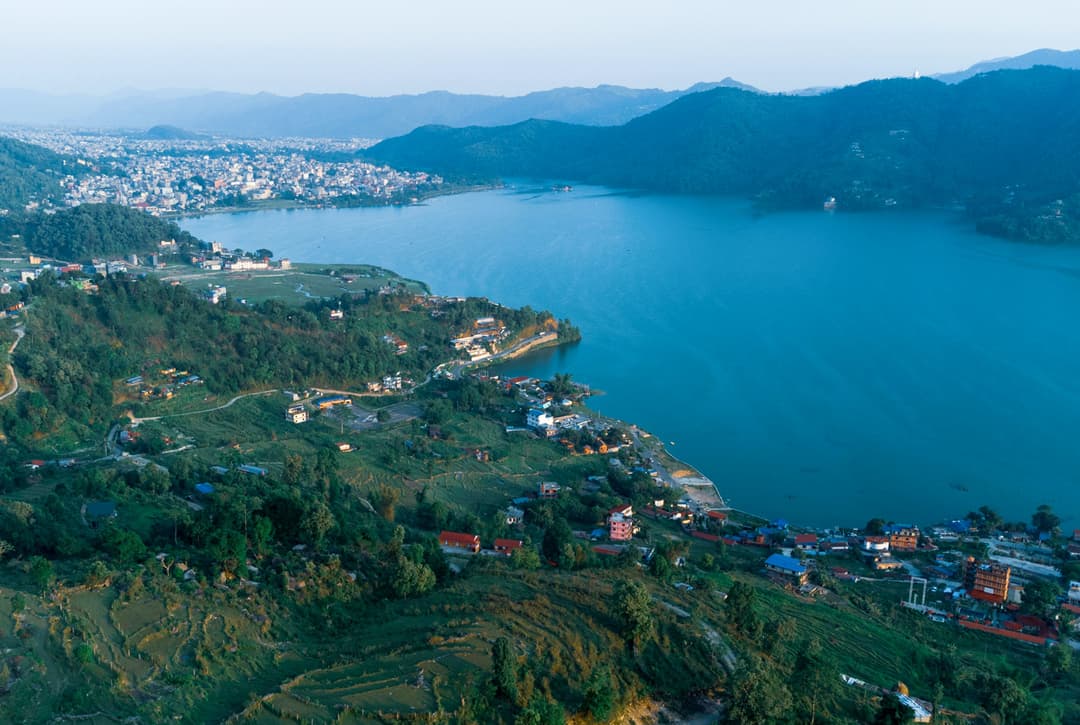 Aerial View Of Phewa Lake And Pokhara City, The Gateway For The Upper Mustang Trek