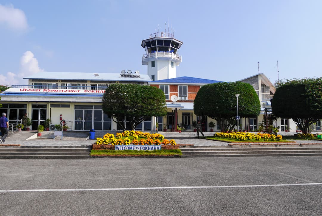 Pokhara Airport Terminal With Welcome To Pokhara Sign,