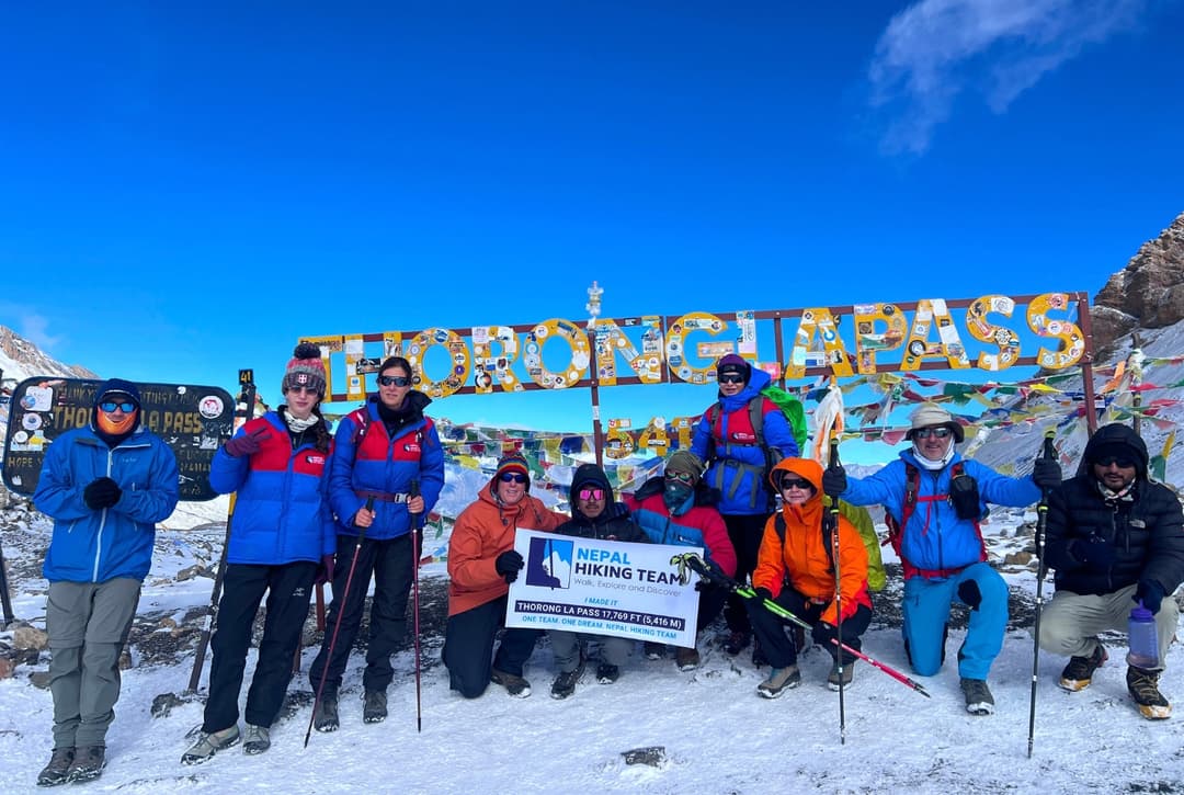 Trekkers' at Thorong La Pass during Annapurna Circuit Trek