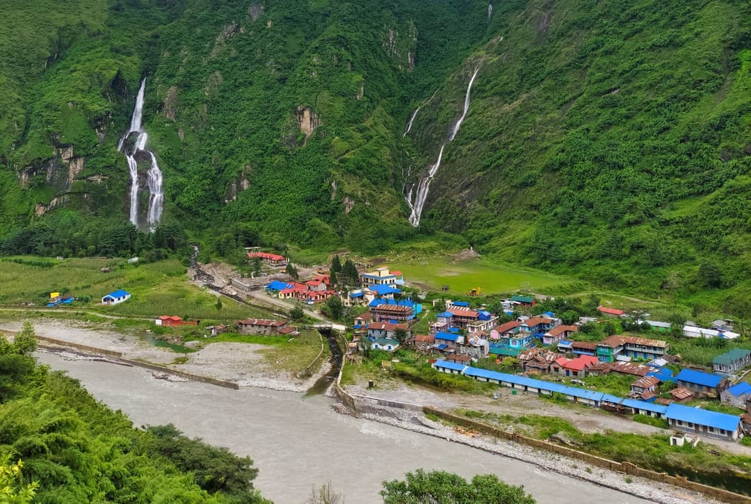 Tal Village in Manang District, Nepal with Waterfalls and Marsyangdi River Annapurna Circuit Trek